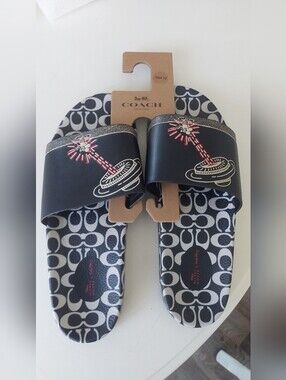 Coach Black Signature Logo Slide Sandals with Red Ovni Mickey Mouse Sz 12